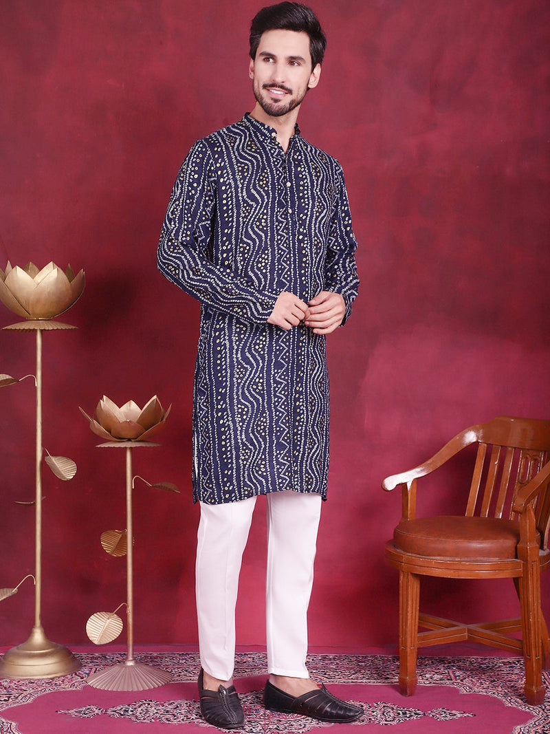 Men's Bandhani Printed Kurta with Pyjama ( JOKP 5016 Navy )