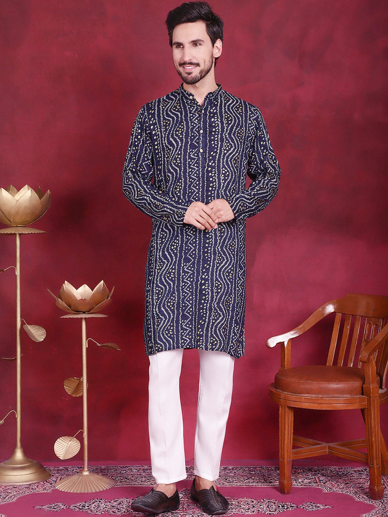 Men's Bandhani Printed Kurta with Pyjama ( JOKP 5016 Navy )