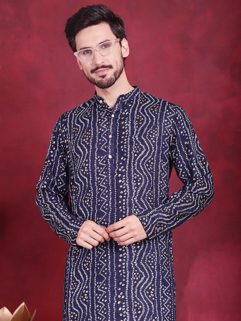 Men's Bandhani Printed Kurta with Pyjama ( JOKP 5016 Navy )