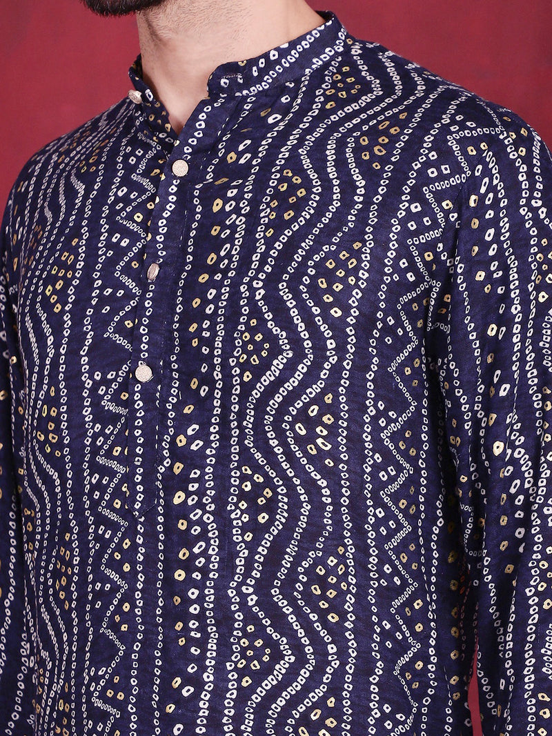 Men's Bandhani Printed Kurta with Pyjama ( JOKP 5016 Navy )