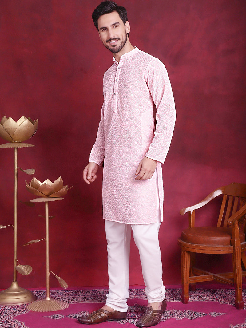 Chikankari Embroidered Kurta with Pyjama ( JOKP 5017 Pink )