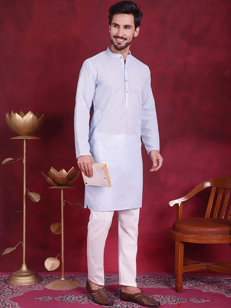 Chikankari Embroidered Kurta with Pyjama ( JOKP 5017 Sky )