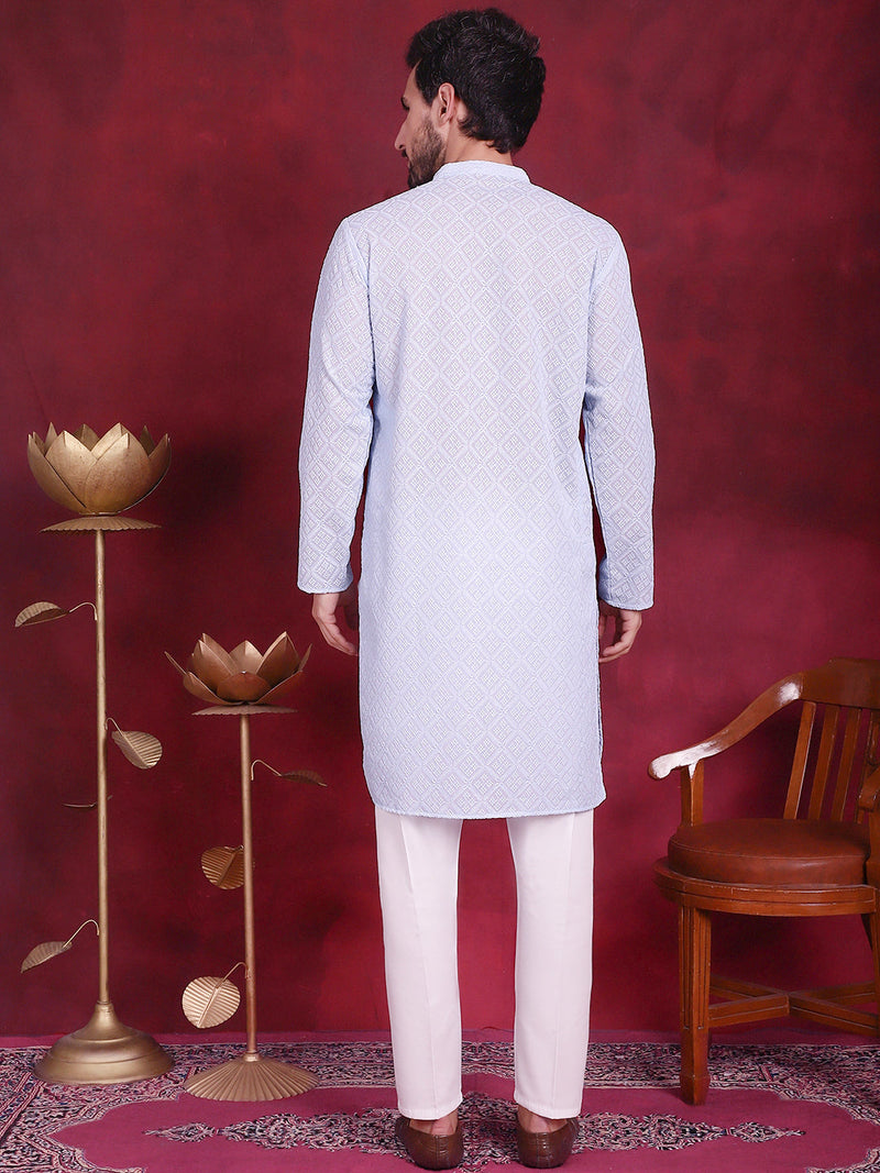 Chikankari Embroidered Kurta with Pyjama ( JOKP 5017 Sky )