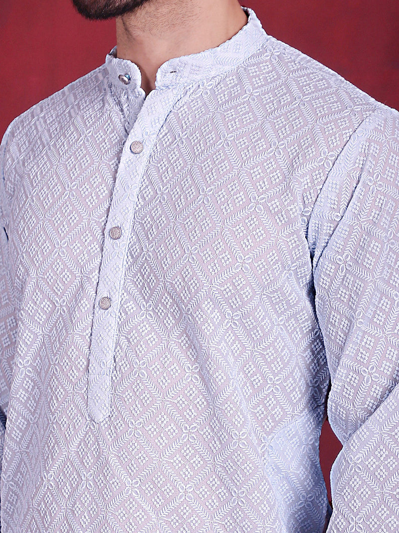 Chikankari Embroidered Kurta with Pyjama ( JOKP 5017 Sky )