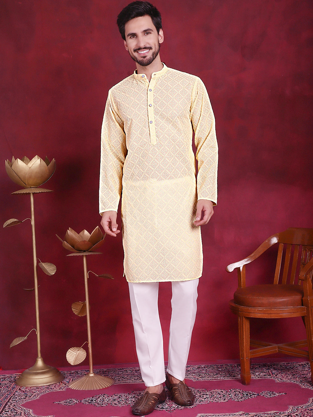 Chikankari Embroidered Kurta with Pyjama ( JOKP 5017 Yellow )