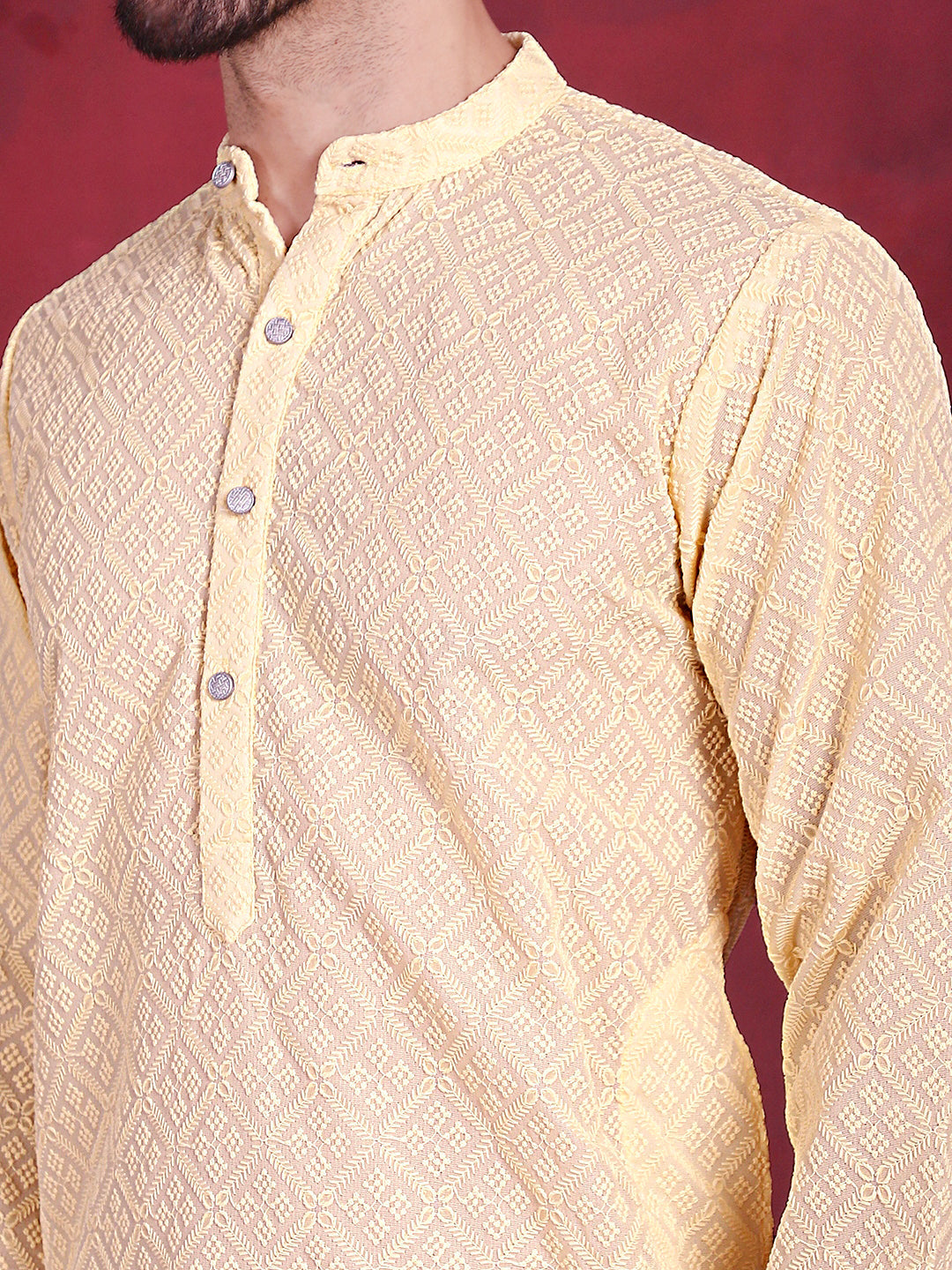 Chikankari Embroidered Kurta with Pyjama ( JOKP 5017 Yellow )