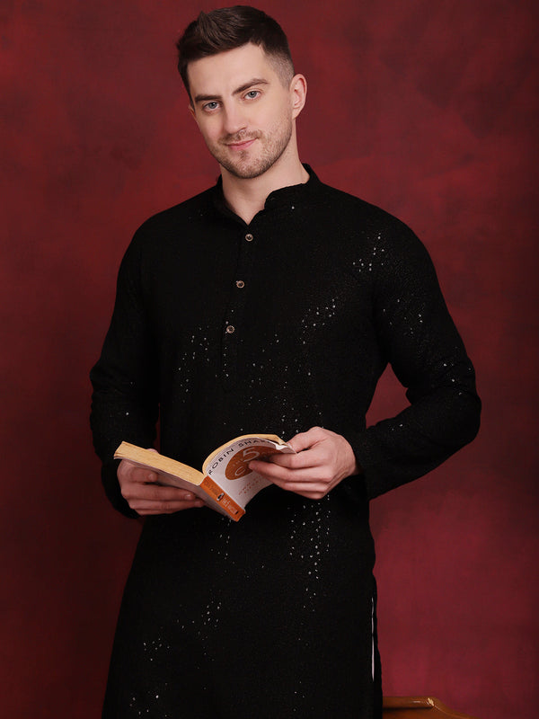 Men's Sequins Chikankari Kurta with Pyjama ( JOKP P 5018Black )