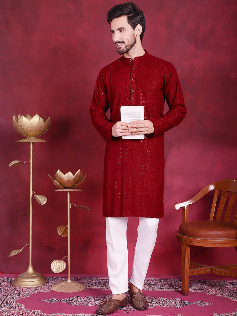 Sequins Chikankari Kurta with Pyjama ( JOKP 5018 Maroon )