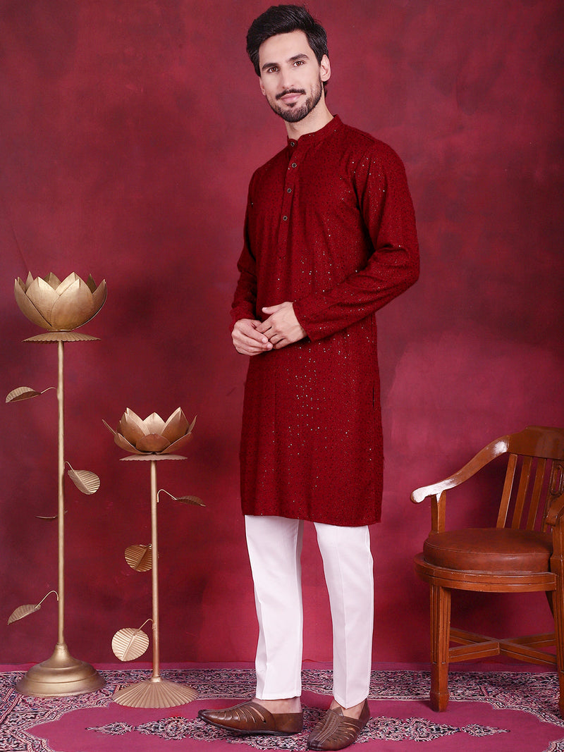 Sequins Chikankari Kurta with Pyjama ( JOKP 5018 Maroon )