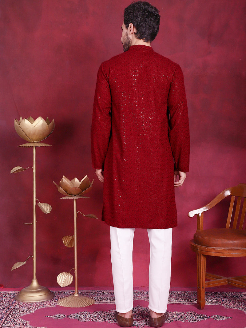 Sequins Chikankari Kurta with Pyjama ( JOKP 5018 Maroon )