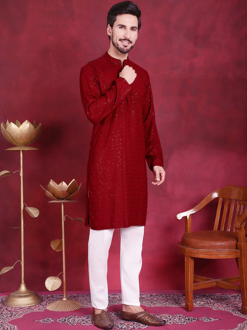 Sequins Chikankari Kurta with Pyjama ( JOKP 5018 Maroon )