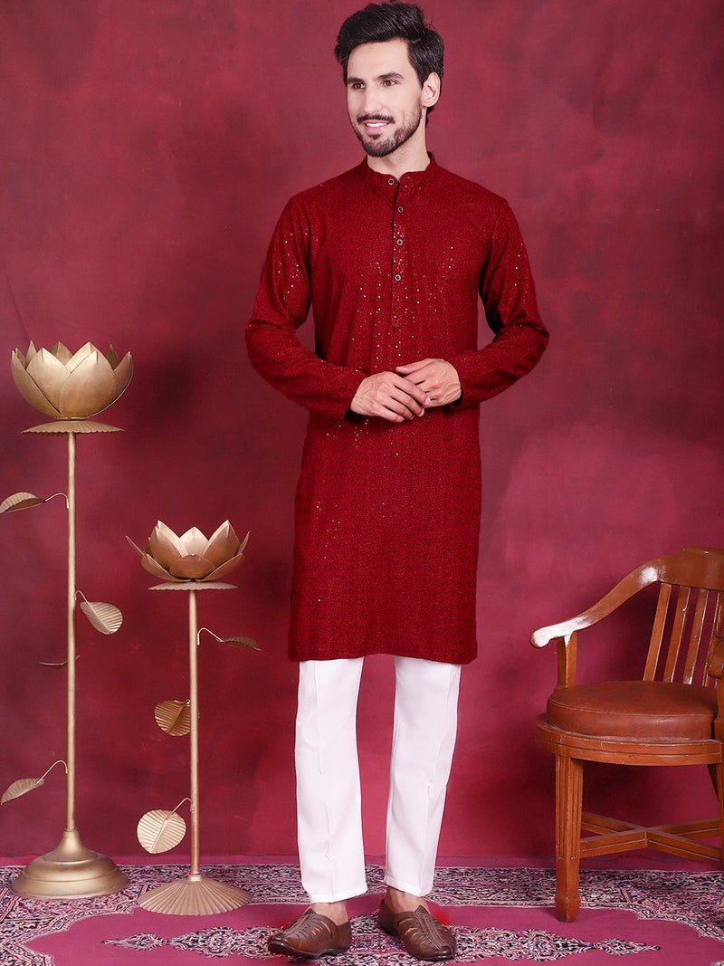 Sequins Chikankari Kurta with Pyjama ( JOKP 5018 Maroon )