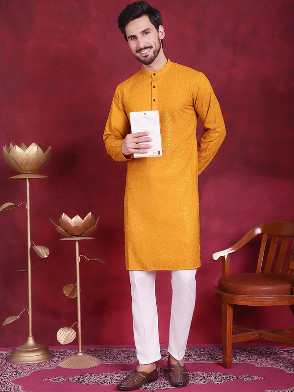 Sequins Chikankari Kurta with Pyjama ( JOKP 5018 Mustard )