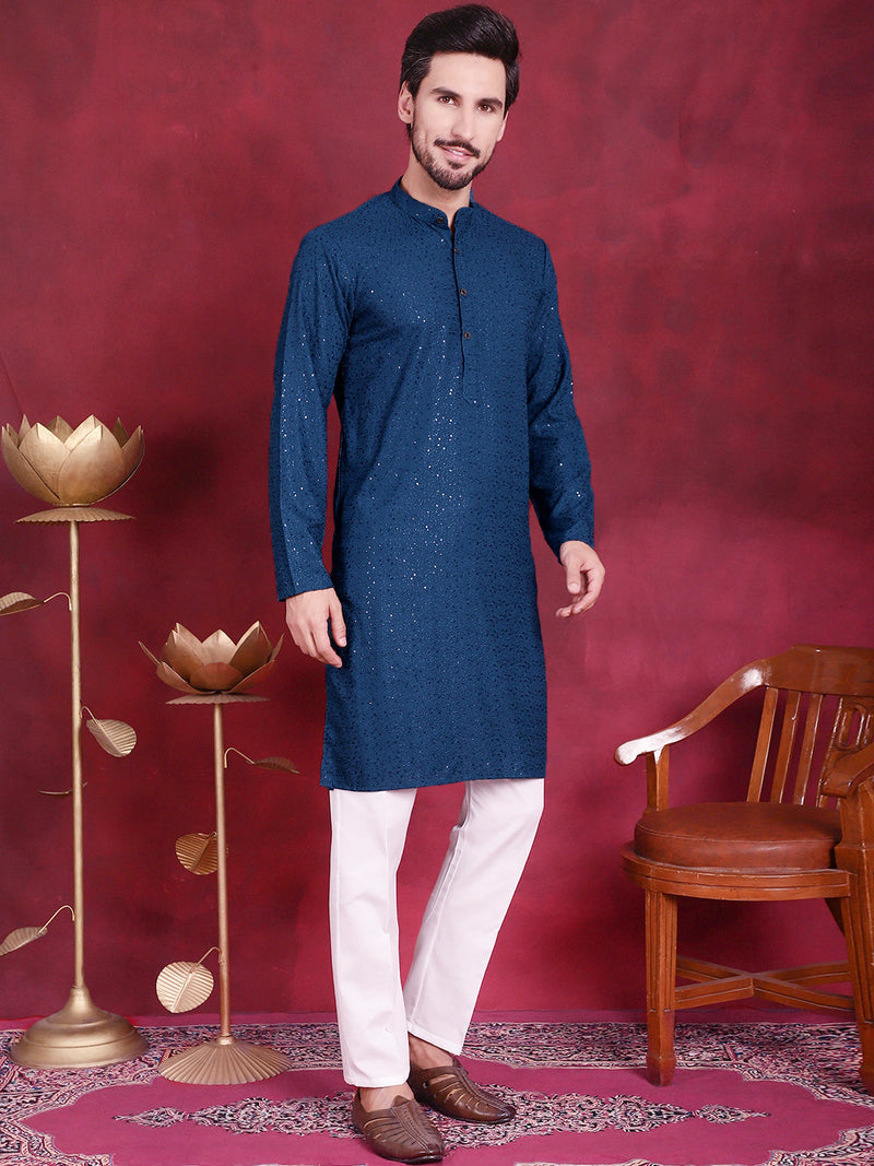 Sequins Chikankari Kurta with Pyjama ( JOKP 5018 Peacock )