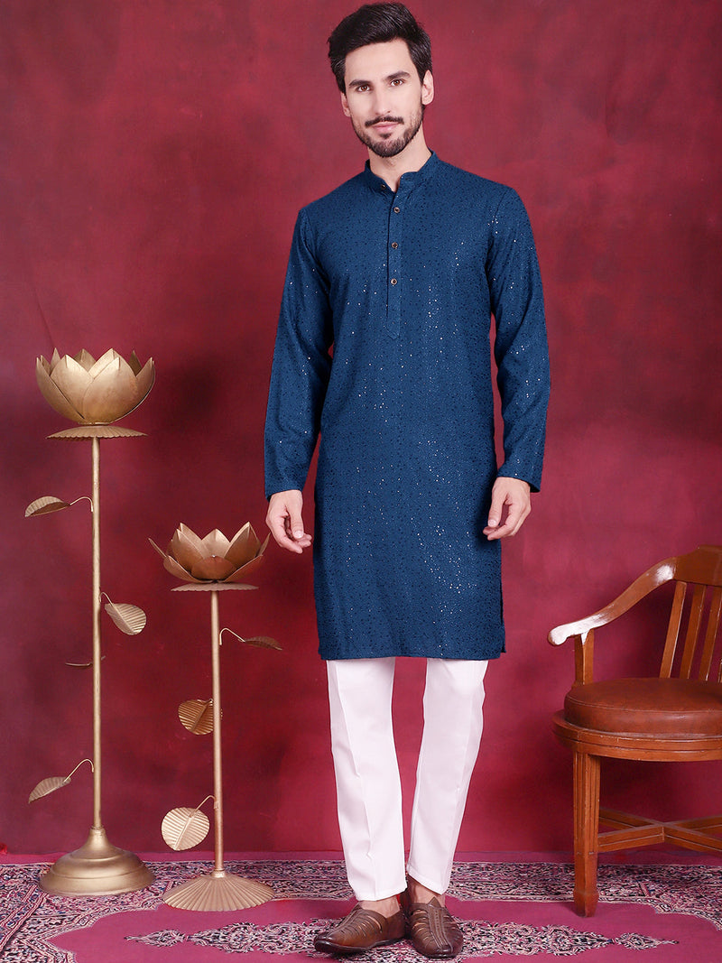 Sequins Chikankari Kurta with Pyjama ( JOKP 5018 Peacock )