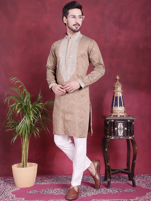 Men's Sequins Embroidered Kurta Pyjama Set ( JOKP 5019 Beige )