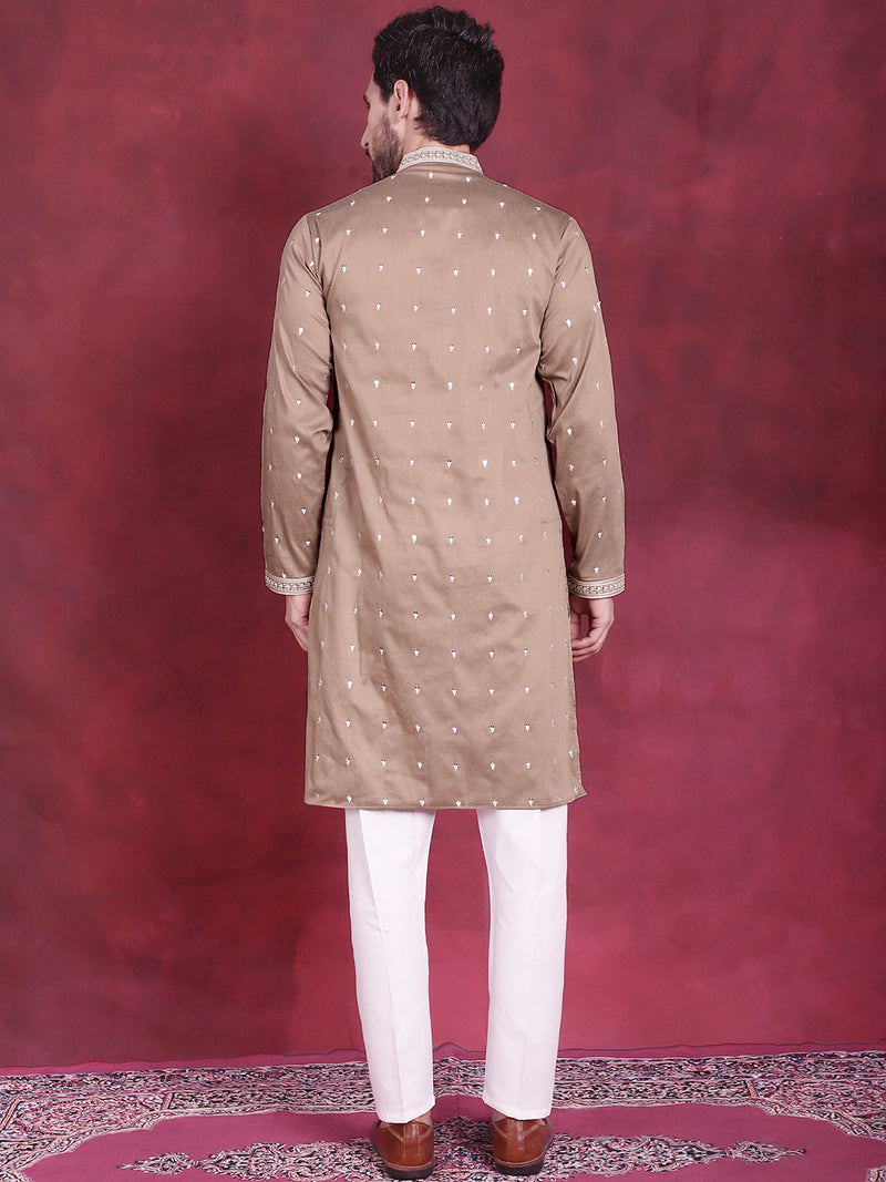 Men's Sequins Embroidered Kurta Pyjama Set ( JOKP 5019 Beige )