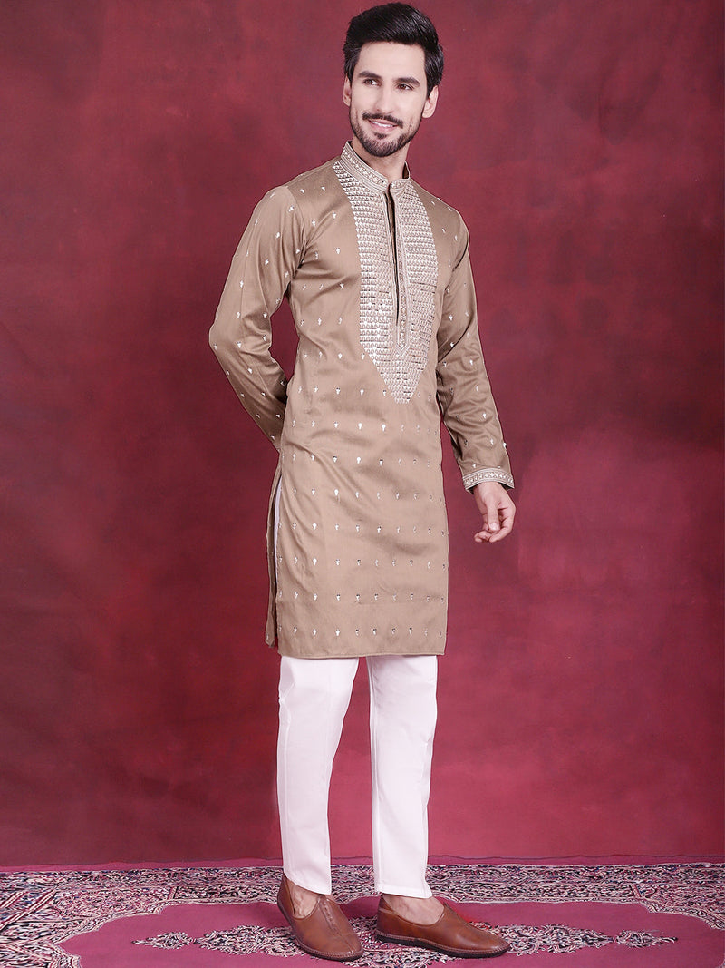 Men's Sequins Embroidered Kurta Pyjama Set ( JOKP 5019 Beige )