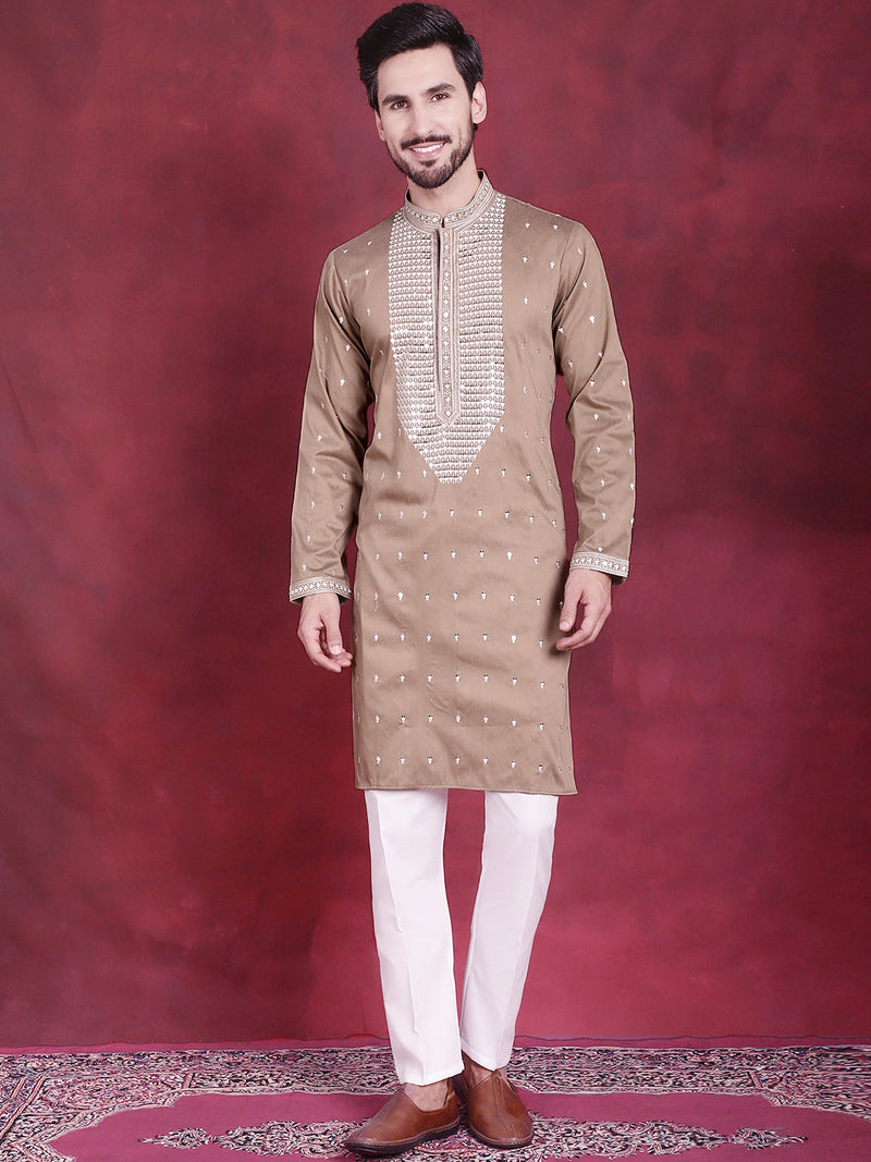 Men's Sequins Embroidered Kurta Pyjama Set ( JOKP 5019 Beige )