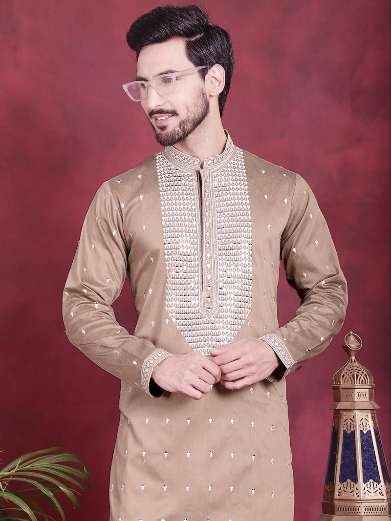 Men's Sequins Embroidered Kurta Pyjama Set ( JOKP 5019 Beige )