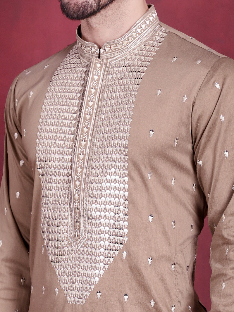 Men's Sequins Embroidered Kurta Pyjama Set ( JOKP 5019 Beige )