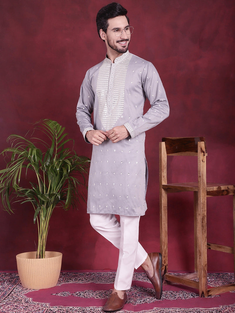 Men's Sequins Embroidered Kurta Pyjama Set ( JOKP 5019 Grey )