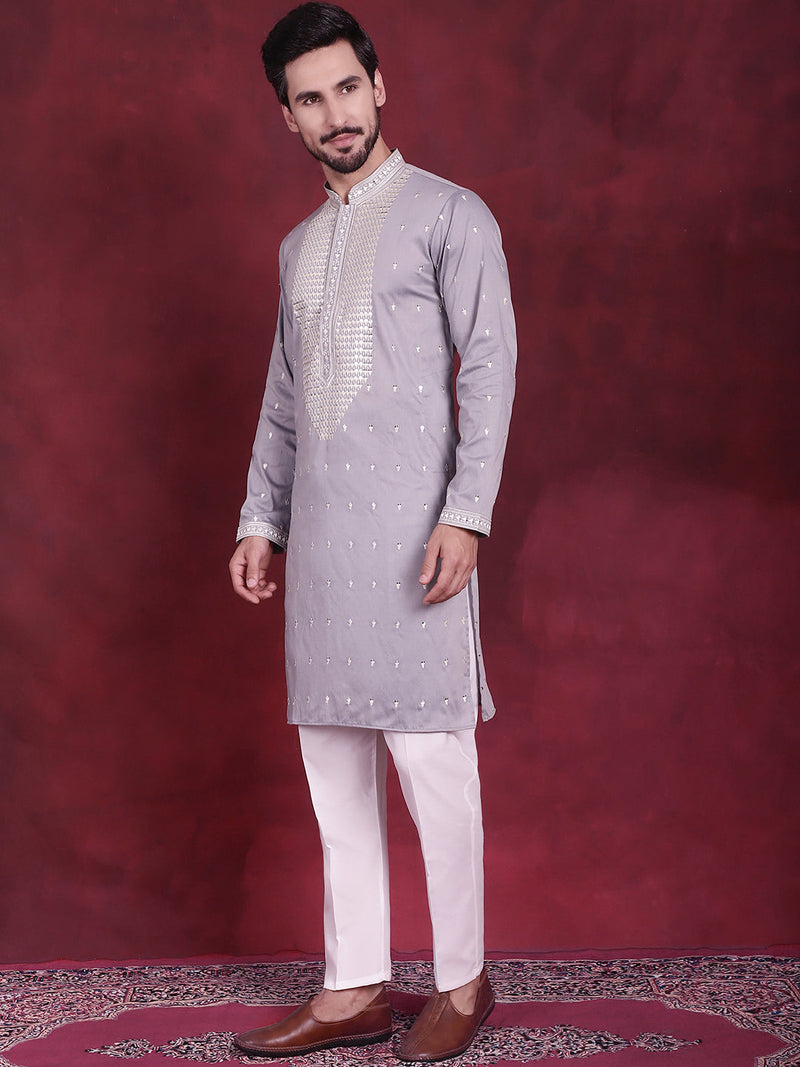 Men's Sequins Embroidered Kurta Pyjama Set ( JOKP 5019 Grey )