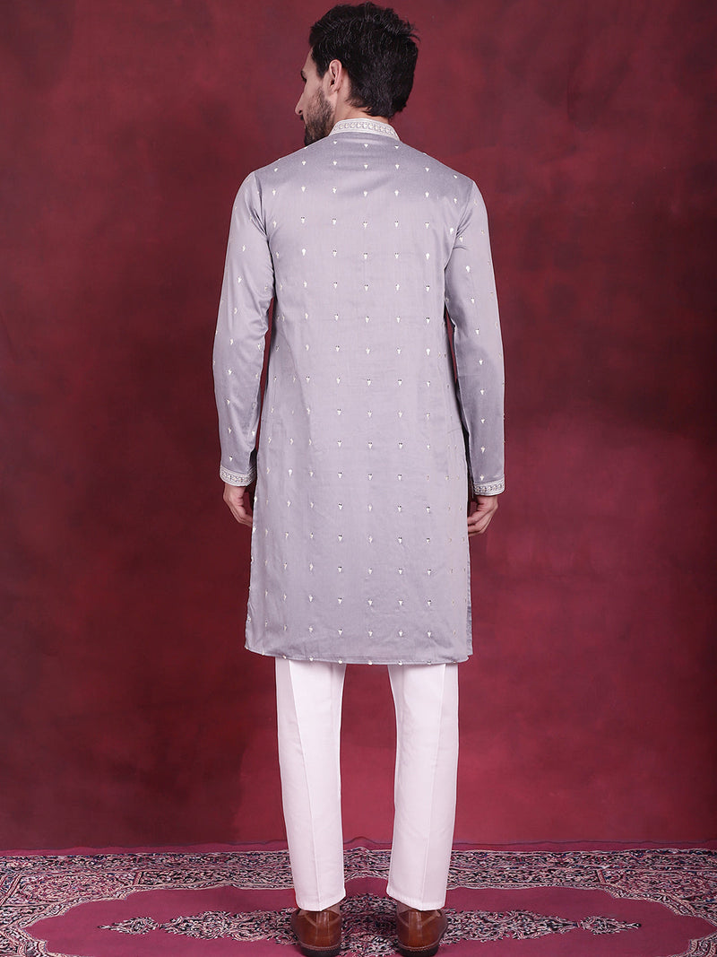 Men's Sequins Embroidered Kurta Pyjama Set ( JOKP 5019 Grey )