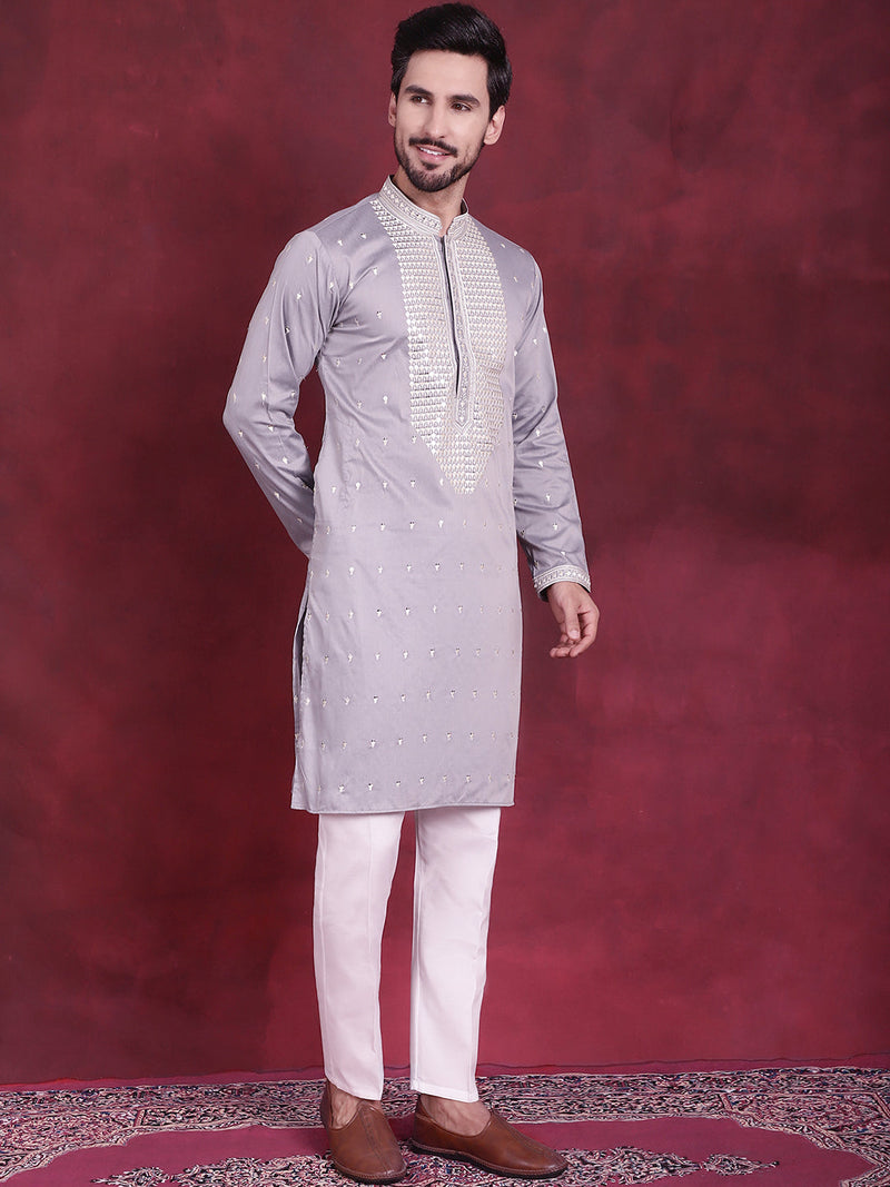 Men's Sequins Embroidered Kurta Pyjama Set ( JOKP 5019 Grey )