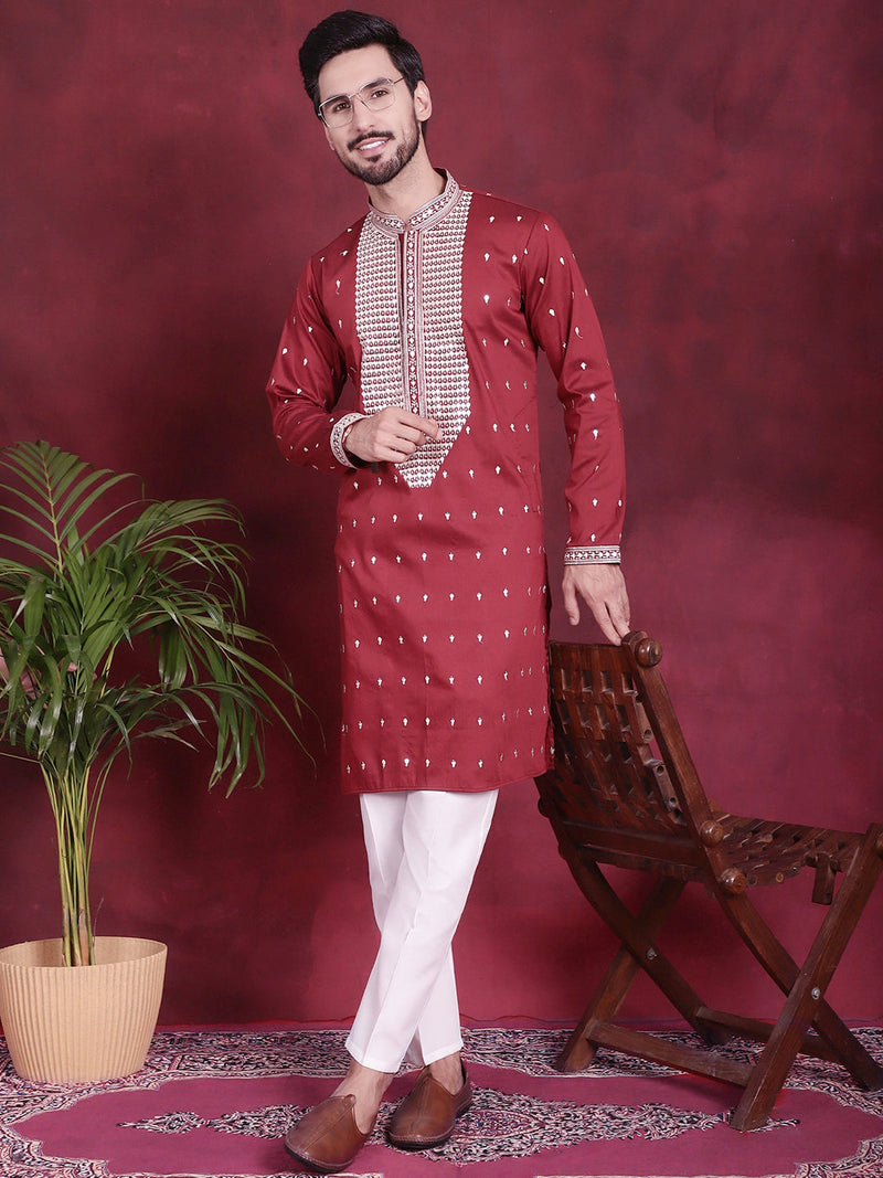 Men's Sequins Embroidered Kurta Pyjama Set ( JOKP 5019 Maroon )