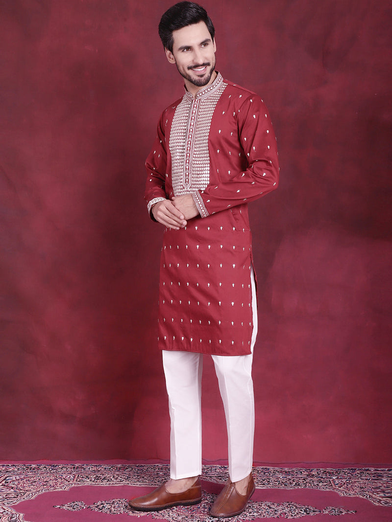 Men's Sequins Embroidered Kurta Pyjama Set ( JOKP 5019 Maroon )