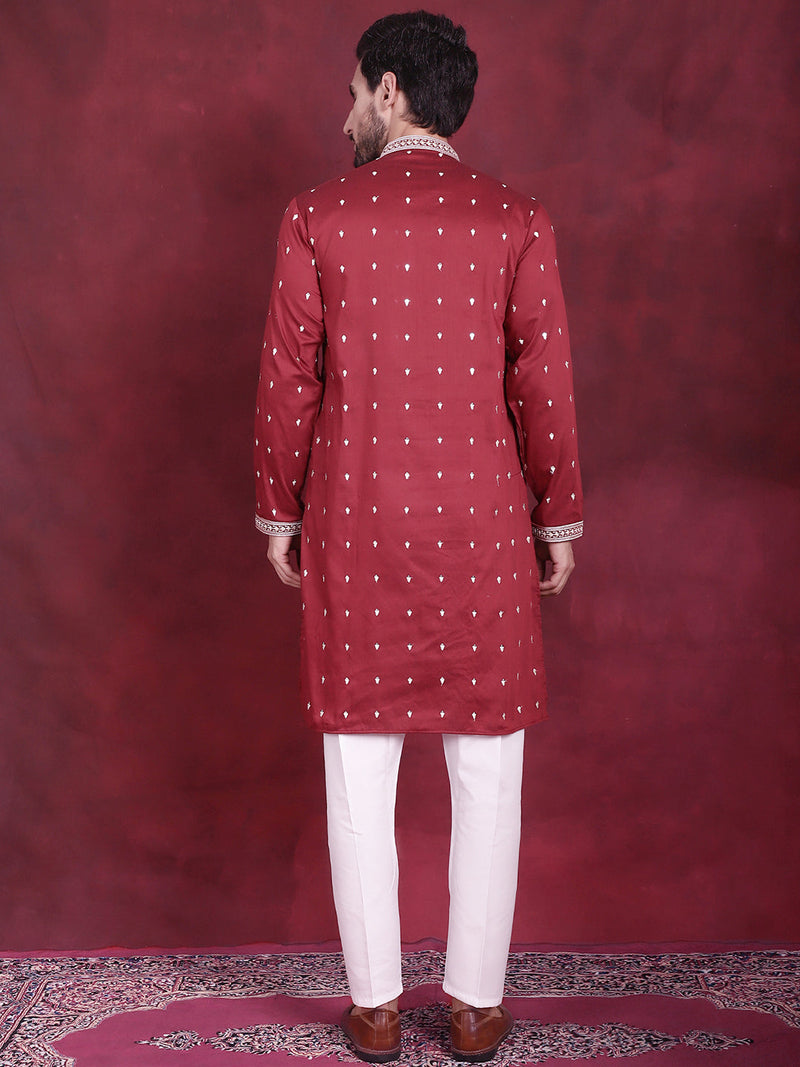 Men's Sequins Embroidered Kurta Pyjama Set ( JOKP 5019 Maroon )