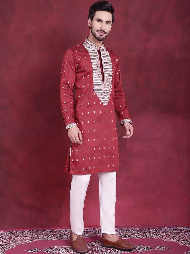 Men's Sequins Embroidered Kurta Pyjama Set ( JOKP 5019 Maroon )