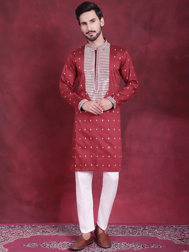 Men's Sequins Embroidered Kurta Pyjama Set ( JOKP 5019 Maroon )