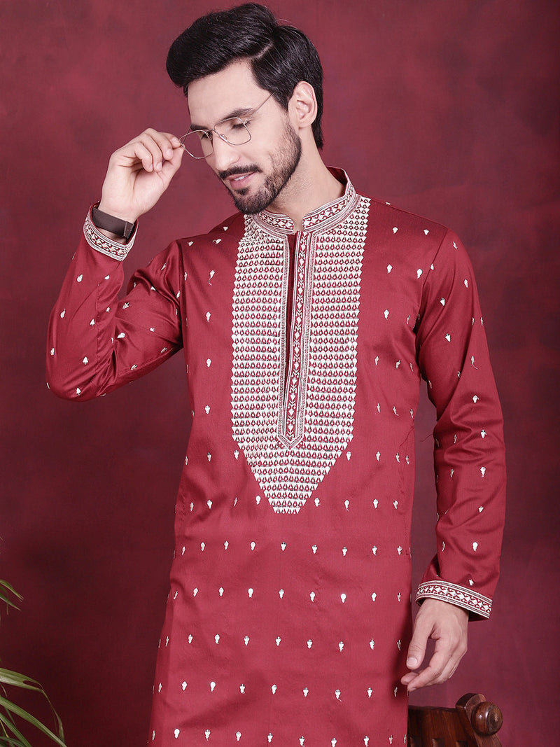 Men's Sequins Embroidered Kurta Pyjama Set ( JOKP 5019 Maroon )