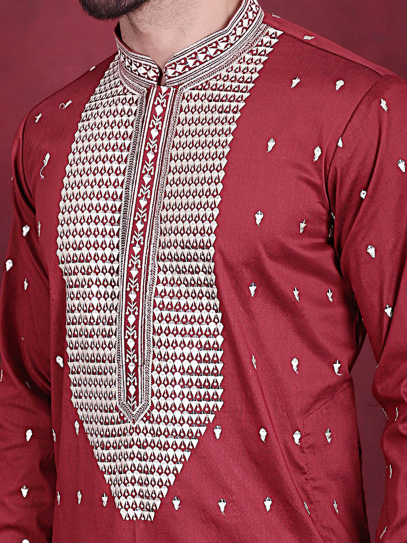 Men's Sequins Embroidered Kurta Pyjama Set ( JOKP 5019 Maroon )