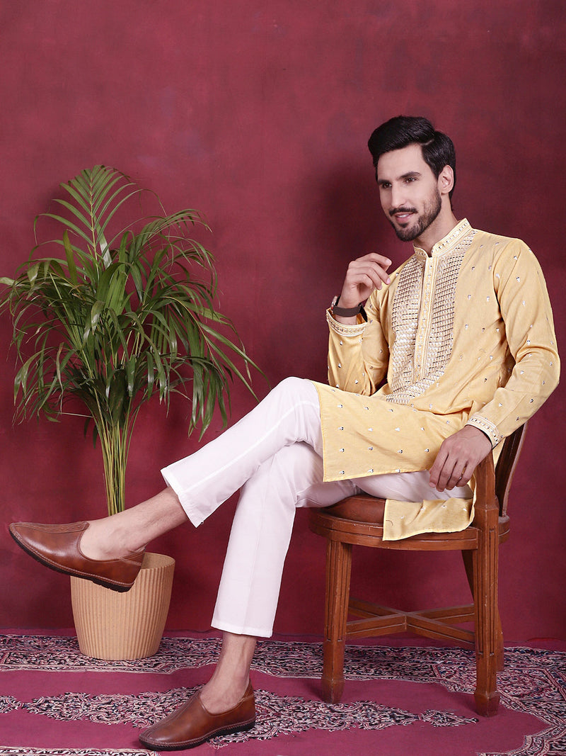 Men's Sequins Embroidered Kurta Pyjama Set ( JOKP 5019 Yellow )