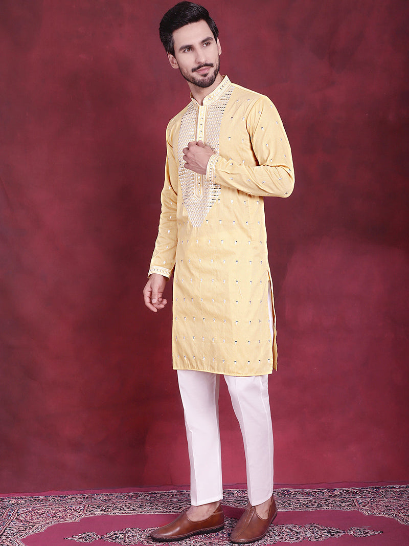 Men's Sequins Embroidered Kurta Pyjama Set ( JOKP 5019 Yellow )