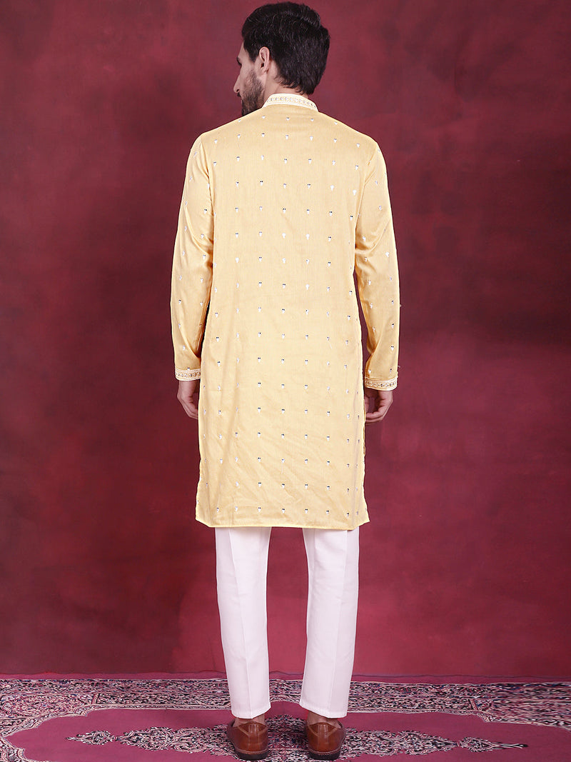 Men's Sequins Embroidered Kurta Pyjama Set ( JOKP 5019 Yellow )