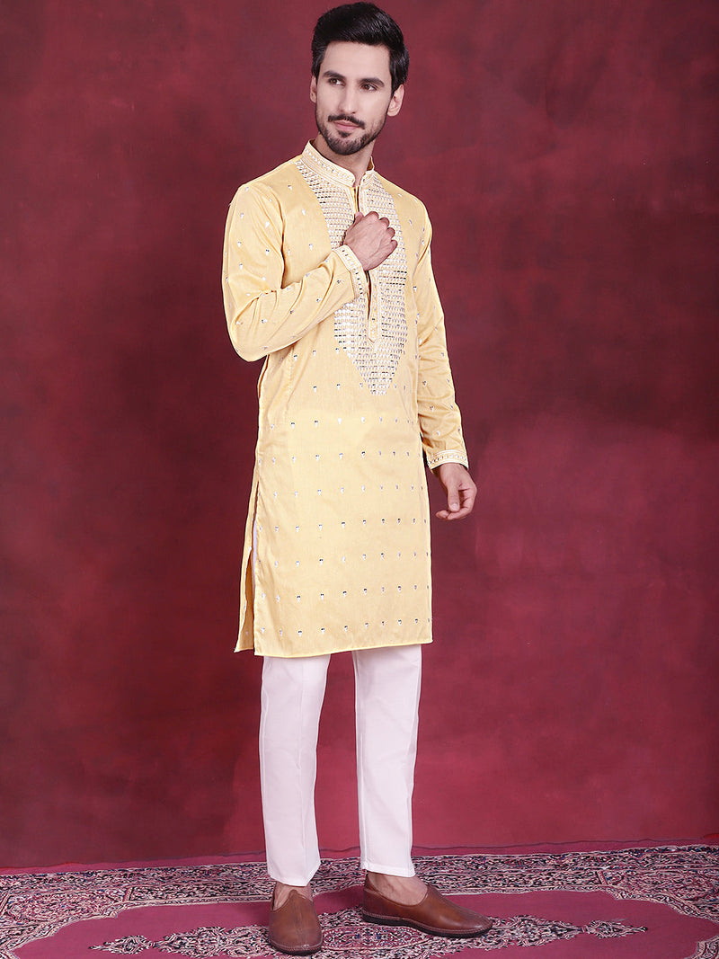 Men's Sequins Embroidered Kurta Pyjama Set ( JOKP 5019 Yellow )