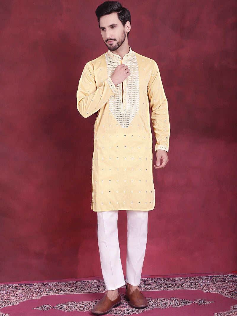 Men's Sequins Embroidered Kurta Pyjama Set ( JOKP 5019 Yellow )