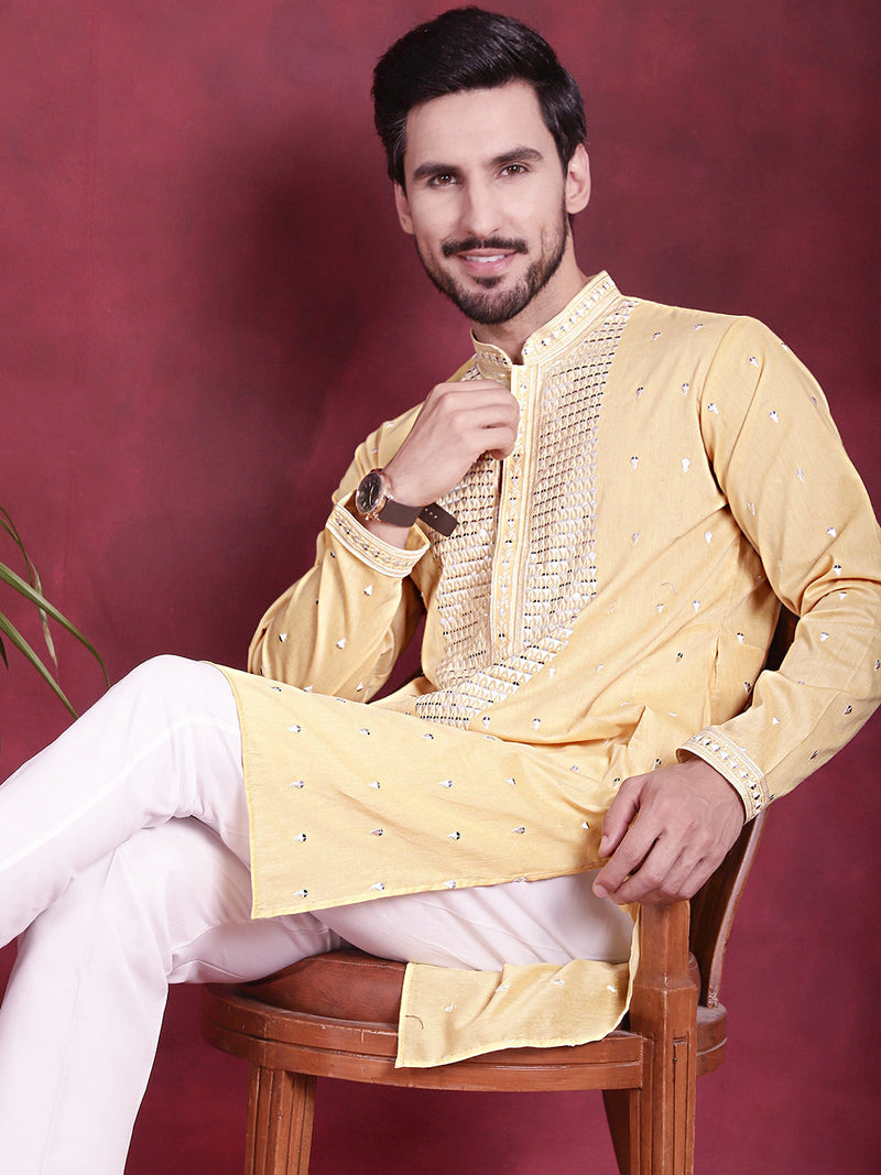 Men's Sequins Embroidered Kurta Pyjama Set ( JOKP 5019 Yellow )