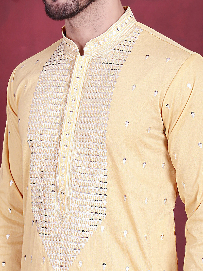 Men's Sequins Embroidered Kurta Pyjama Set ( JOKP 5019 Yellow )