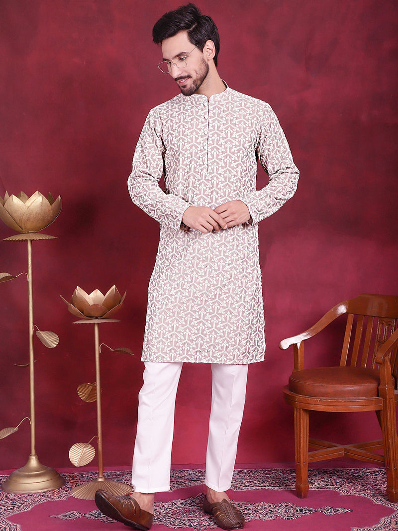 Men's Chikankari Embroidered Kurta Pyjama Set ( JOKP 5020 Grey )