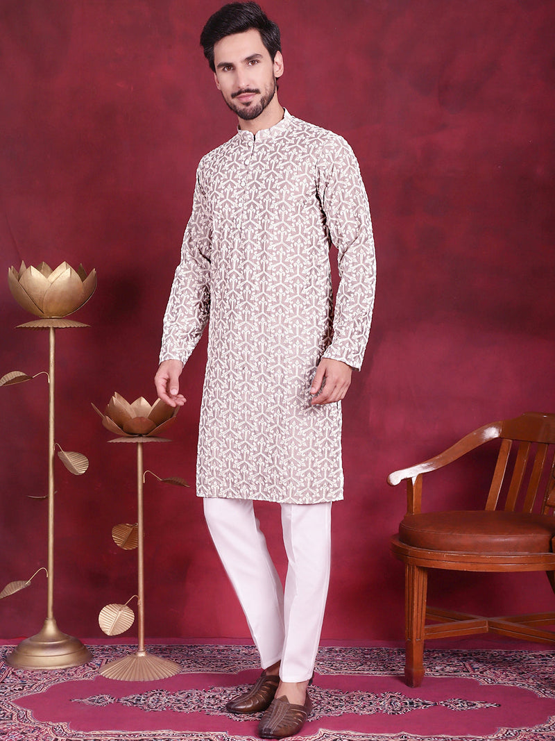 Men's Chikankari Embroidered Kurta Pyjama Set ( JOKP 5020 Grey )