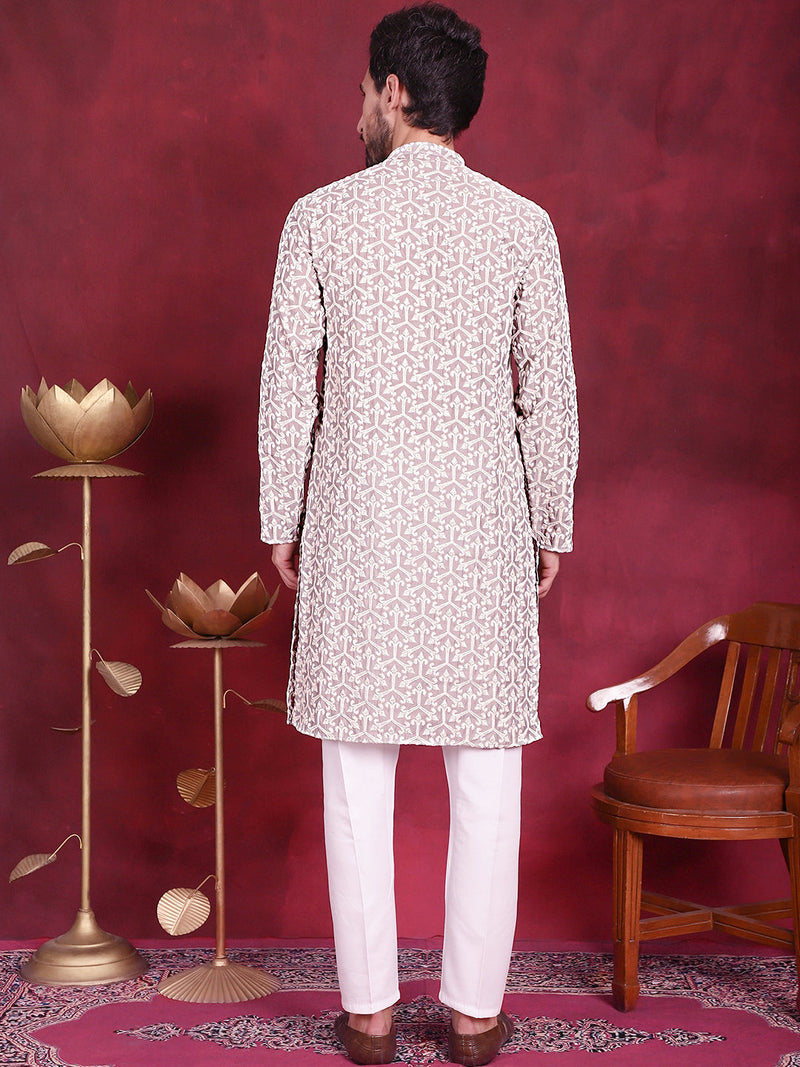 Men's Chikankari Embroidered Kurta Pyjama Set ( JOKP 5020 Grey )