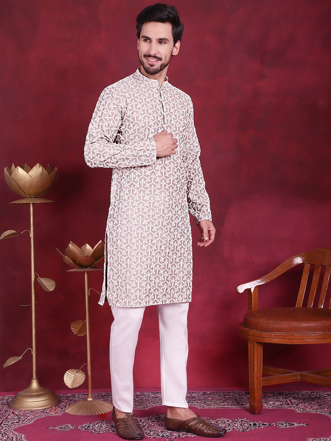 Men's Chikankari Embroidered Kurta Pyjama Set ( JOKP 5020 Grey )