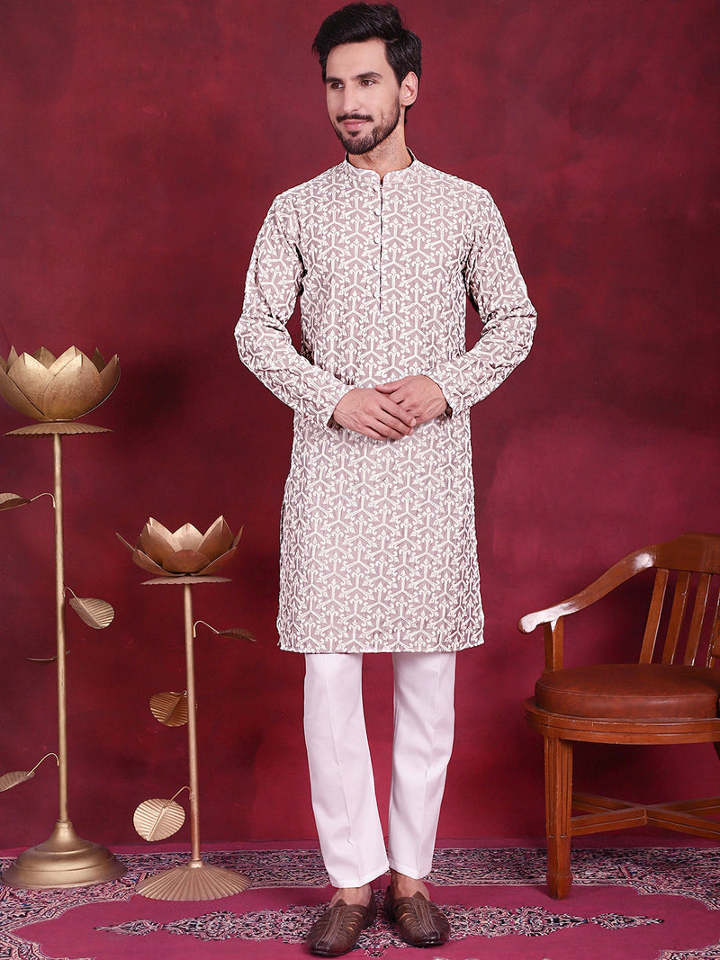 Men's Chikankari Embroidered Kurta Pyjama Set ( JOKP 5020 Grey )