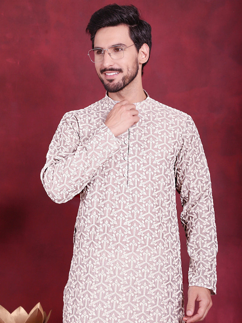 Men's Chikankari Embroidered Kurta Pyjama Set ( JOKP 5020 Grey )