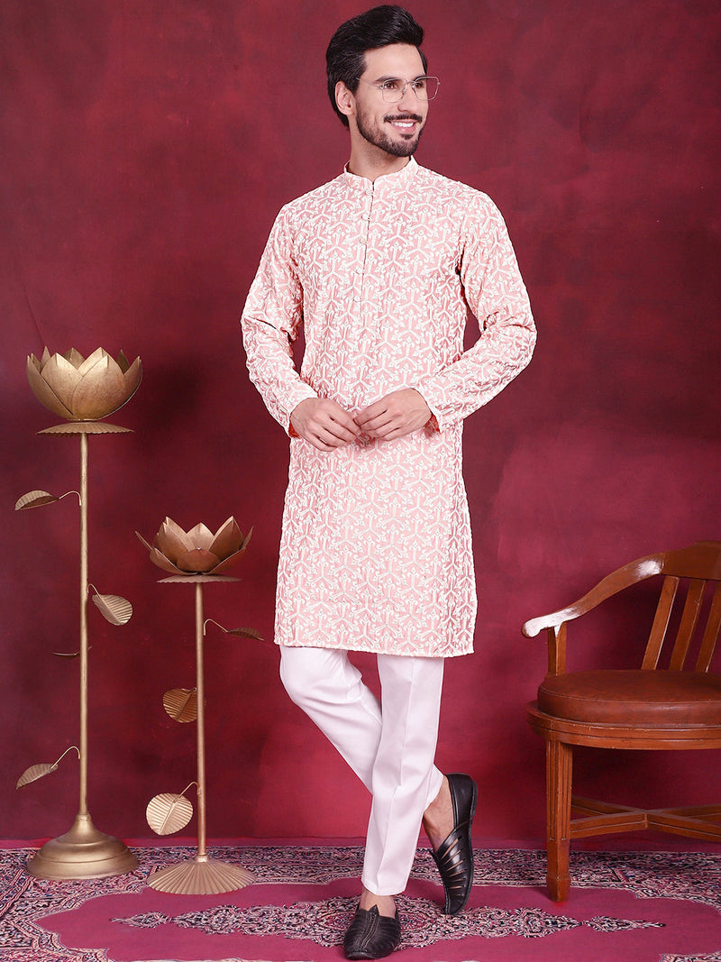 Men's Chikankari Embroidered Kurta Pyjama Set ( JOKP 5020 Pink )